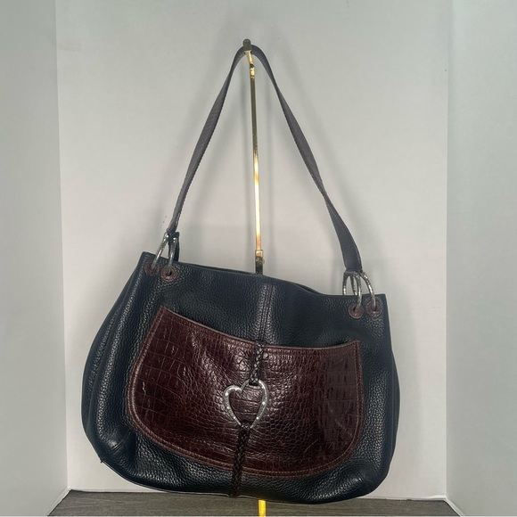 Brighton Handbags - Brighton Brown/Black Hobo Leather Shoulder Bag Silver Heart Charm  Purse